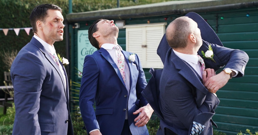 RadioTimes's tweet photo. This #EastEnders wedding will go down in the soap history books!

In tomorrow's episode, as Vicki desperately tries to explain herself, Ross rushes out of the marquee and punches Zack!

📸 BBC/Jack Barnes/Kieron McCarron https://t.co/2QpYtuTfbn