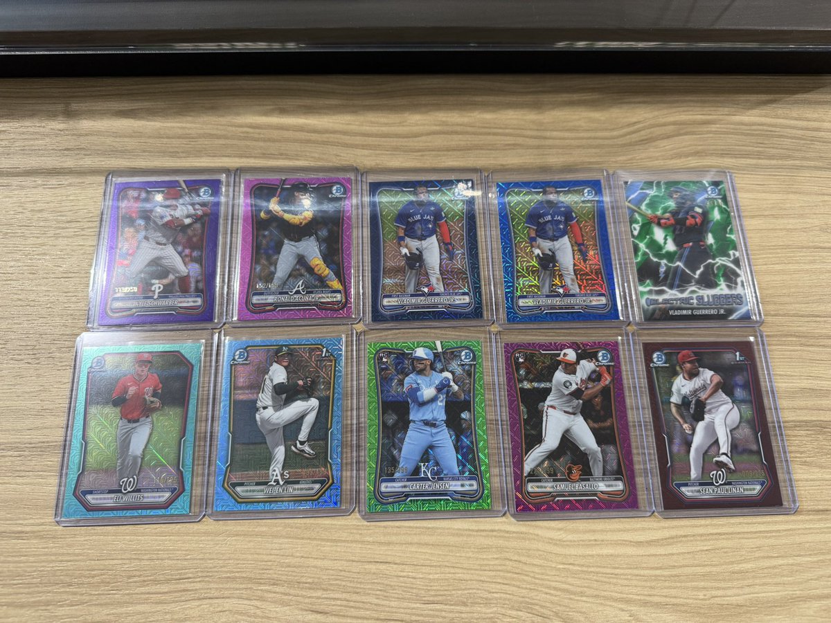 JRPhotosWI's tweet photo. @CardPurchaser ended up ripping a Bowman Mega Box case. Overall not too bad. Don’t have any of the red RCs or smaller stuff pictured, just the colors and autos. Btw yes, that is 3 different numbered Vlad cards in one case lol. https://t.co/K9Beu6MgPz