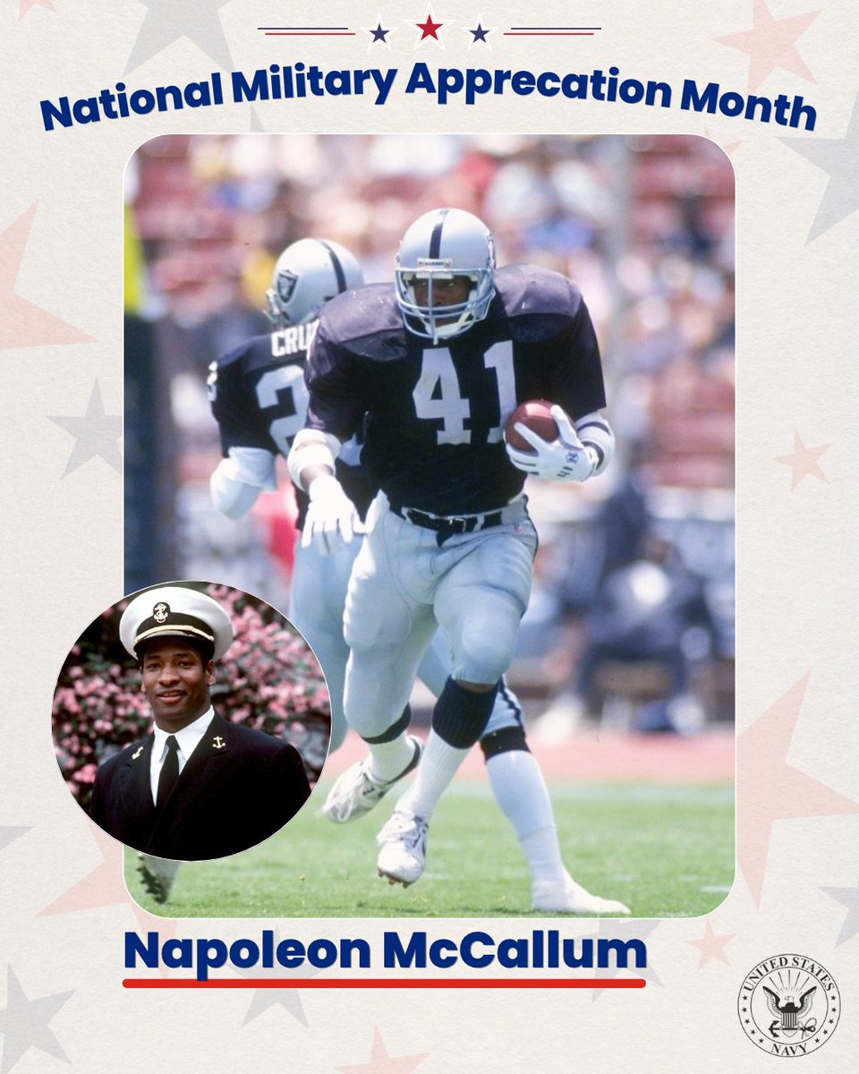 NFLPAFmrPlayers's tweet photo. Former NFL running back Napoleon McCallum played football during his time at the U.S. Naval Academy. He was selected in the 1986 draft by the Los Angeles Raiders. He competed in his rookie season while on active duty. McCallum continued to serve in the Navy until 1990 when he returned to the Raiders. He suffered a career-ending injury in 1994 during the Raiders’ opening game of the season. In 1996, he started a computer graphics business called Pro Digital Graphics. McCallum also played a significant role in the Raiders relocation to Las Vegas.
