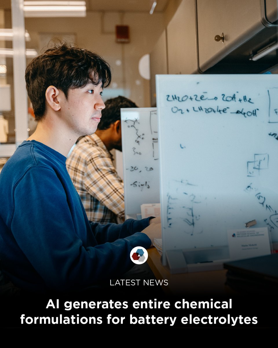 UChicagoPME's tweet photo. Researchers at UChicago PME developed a generative AI framework that can generate complete battery electrolyte formulations — helping accelerate the discovery of next-generation energy storage materials.

🔗 Read more: https://t.co/nbGJLx1vvG https://t.co/J23YbHKm8r
