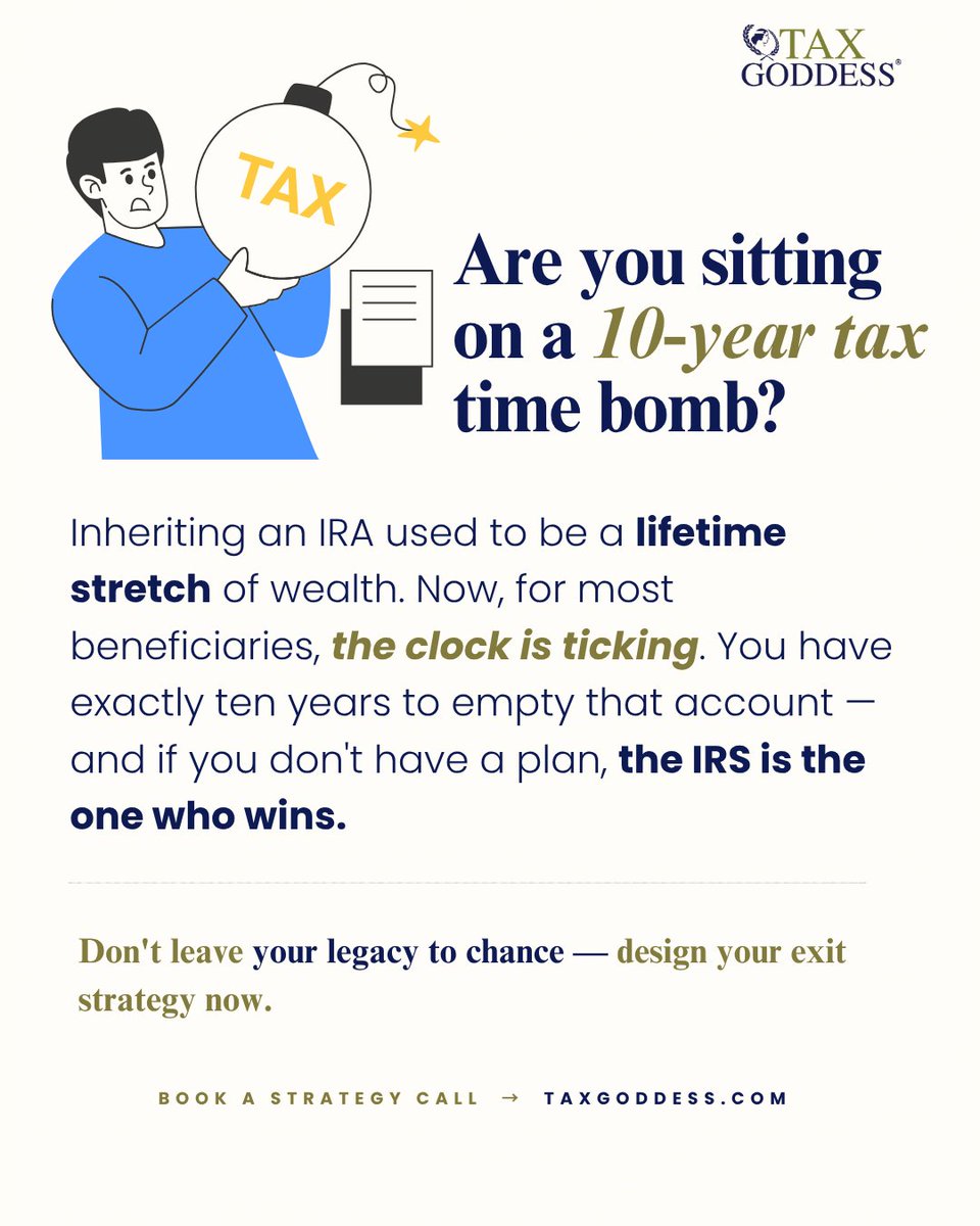 TaxGoddess's tweet photo. Inheriting an IRA? You’re on a 10-year deadline. 🏛️📉

Don't let the IRS take your legacy: 
1️⃣ 10 Years: Most must empty the account by Year 10. 
2️⃣ RMDs: You might need payouts in years 1-9. 
3️⃣ Penalty: 25% for a missed distribution.
Strategize to protect your bracket. 🛡️🚀 https://t.co/hySrppKwQC