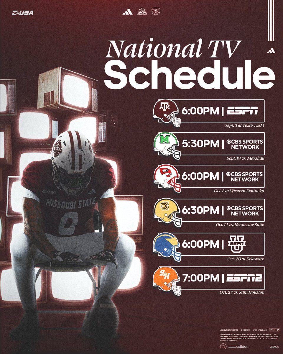 MoStateFootball's tweet photo. Reppin' Mo State on the national stage! 📺

The Bears will be featured on at least 6⃣ national TV broadcasts this season. 🏈

More game times and information at the link below.
🔗 https://t.co/G3i3yCAmhD

#ItTakesUsAll | #WeAreMoState https://t.co/F3OnSIUDRK