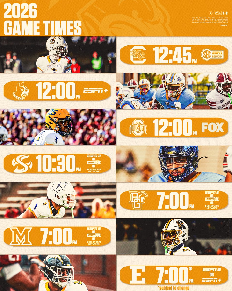 KentStFootball's tweet photo. 𝟮𝟬𝟮𝟲 𝗚𝗮𝗺𝗲 𝗧𝗶𝗺𝗲 𝗔𝗻𝗻𝗼𝘂𝗻𝗰𝗲𝗺𝗲𝗻𝘁𝘀

Take a look at some of our game time announcements for the 2026 season!

#GoFlashes⚡️ | #HAB1TS https://t.co/qrAq4T8yIo