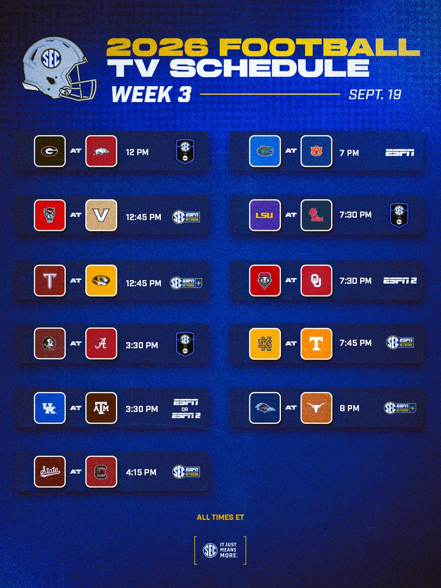 SEC's tweet photo. ๐ #SECFB on TV: Week 3
๐บ https://t.co/2i0rIlLclG https://t.co/frIPSDLfyP