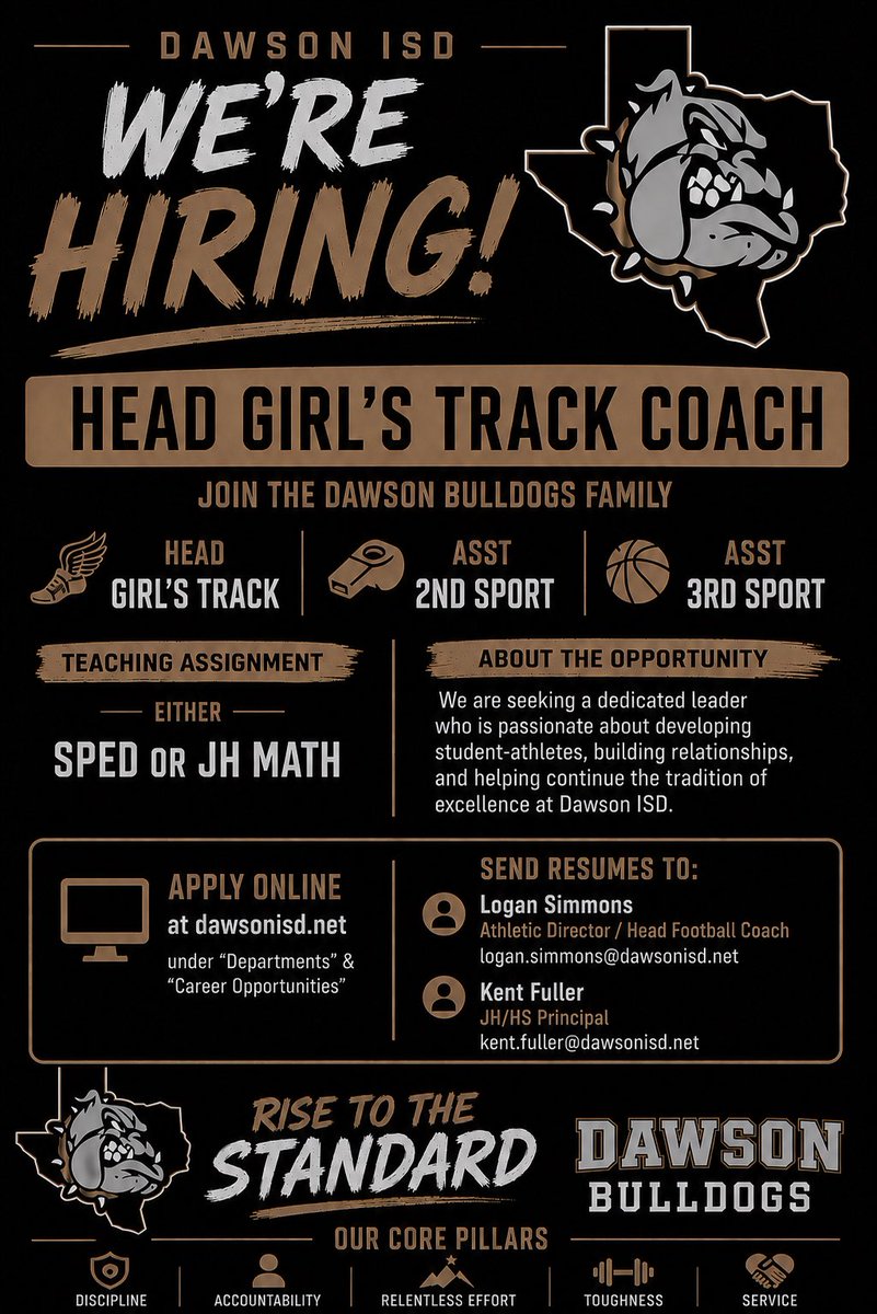 CoachLSimmons's tweet photo. Dawson ISD is looking for a Head Girl’s Track Coach / Assistant Coach. Teaching is either SPED or JH Math.
Looking for a dynamic leader who wants to be a part of the great things happening at Dawson ISD!
#RiseToTheStandard #DARTS #DawsonPride

@Matt_Stepp817 @CallieCam_ @THSCAcoaches @padillapoll