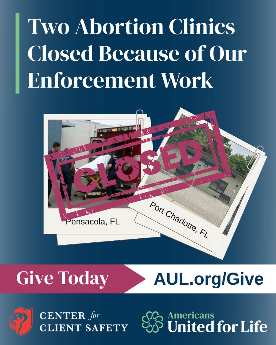 AUL's tweet photo. GIVING ACCOUNTABILITY: When you give to @AUL, you help hold the abortion industry accountable for how they mistreat women. 

Through @CCSprolife (CCS), AUL's enforcement arm, two clinics were shut down because of women's safety matters. 

Both the American Family Planning and the Venice Women’s Health Center were permanently shut down in 2021 and 2022 due to CCS investigations documenting patient injuries, life-threatening complications, regulatory violations, and unsafe medical practices. 

Every time an unsafe abortion facility is held accountable, women and girls are protected.

Partner with us today by giving to our work at https://t.co/GmZXYZNnjf

#CenterforClientSafety #Pensacola #Florida #FL #PortCharlotte #AbortionClinic #Shutdown #Accountability #GiveToday #Donate #AmericansUnitedforLife #AUL #CCS