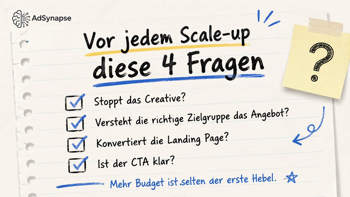 AdSynapse_EU's tweet photo. Du skalierst, aber fragst dich nicht, welche 4 Hebel vorher funktionieren müssen? Dann verschwendest du nicht Budget – du wirfst es weg. Creative, Audience, Landing Page, CTA: adsynapse zeigt dir, welcher bricht.

#MetaAds #Performance https://t.co/D47hVnxNxs