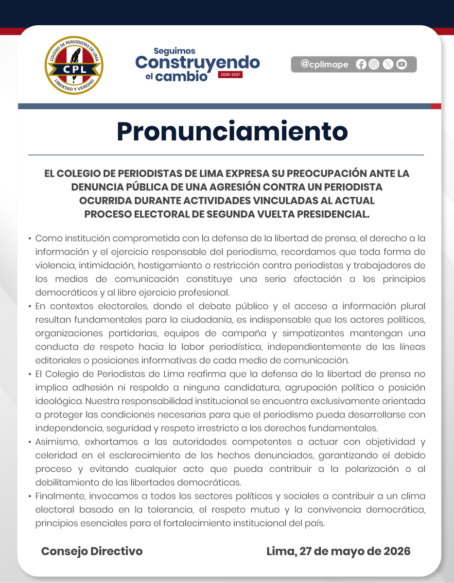 CPLimaPe's tweet photo. #CPL | El @CPLimaPe expresa su preocupación por la  agresión contra el reportero @alvaroreyesq de @peru21noticias durante actividades del actual proceso electoral. 🗞️⚖️

Reafirmamos nuestro compromiso con la libertad de prensa y el respeto a la labor periodística. 🤝🇵🇪 https://t.co/I73wPLcyWl