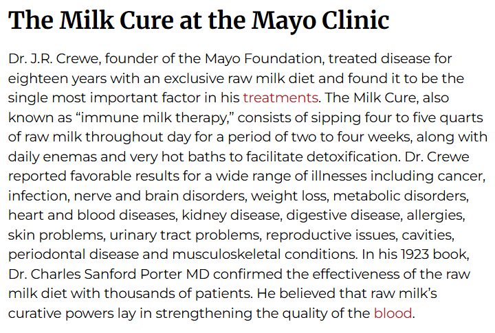 SeenAndForeseen's tweet photo. The founder of the Mayo Clinic used a diet of raw milk to treat a wide range of illnesses including cancer, nerve &amp; brain disorders, weight loss, heart and blood diseases, digestive disease, allergies, skin problems, cavities, etc

The enemy has made this illegal for many people https://t.co/qTce2ivflc