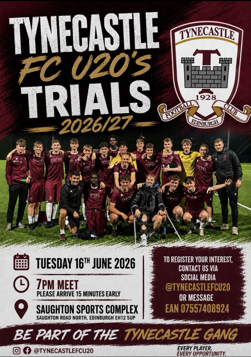 TynecastleFCU20's tweet photo. 🇱🇻 | Tynecastle FC U20’s Trials - 2026/27  

📅 Tuesday 16th June 2026 
⏰ 7pm
📍 Saughton Sports Complex  

To register your interest, contact us via social media
@TynecastleFCU20 or message 07557408924. https://t.co/Qy2ZQZ8JL7
