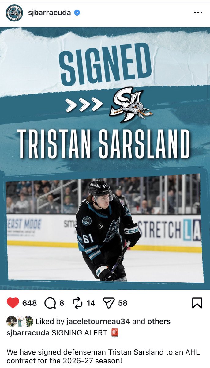 ClarksonBlog's tweet photo. Congratulations to Former Golden Knight Captain Tristan Sarsland as he has signed a 1 year AHL contract with the San Jose Barracuda for the 2026-27 season. Tristan completed 4 years as a golden Knight before earning a Try out with the Barracuda where he played four games. https://t.co/hNa2tiSo0m
