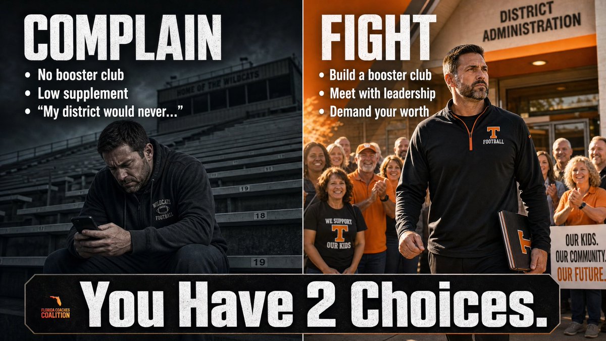 PayFLCoaches's tweet photo. Some coaches have already called their Superintendents and demanded districts allow booster pay.

Some coaches have already banded together across their districts and pushed for higher supplements.

The legislation is working exactly the way it was intended to work and it was signed less than a week ago.

Stop being the coach who runs to social media complaining about not having a booster club. Start being the coach who builds relationships with parents and the community to create one.

Stop saying your district would “never” increase supplements if you have not even scheduled a meeting with your Superintendent to hear it directly from them.

You have 2 choices:
Fight for your worth or sit there and accept what you are given.

#PayFLCoaches
#FCC