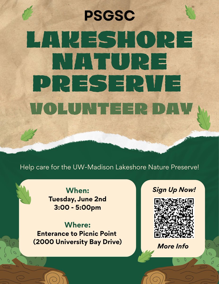 psgsc's tweet photo. 🌿 Volunteer at the Lakeshore Nature Preserve with PSGSC!  📅 Tue, June 2nd | 3–5 PM 📍 Entrance to Picnic Point, Madison  Help care for one of UW-Madison's most treasured green spaces. All are welcome — no experience needed! 🍃 https://t.co/9frGyJb8hZ