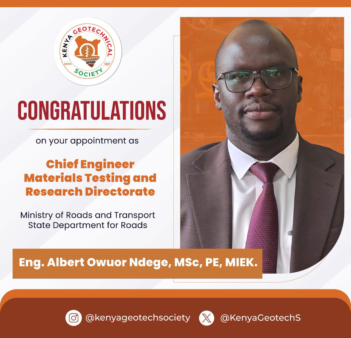 KenyaGeotechS's tweet photo. Congratulations to our own Eng. Albert Ndege on his appointment as the Chief Engineer Materials , @MTRDKe 

@TransportKE @TheIEK @AAK_Engineers @kagwi_way @otienogallo @AAK_Engineers @KURAroads @KeNHAKenya @amhoward3 @IssmgeE @ISSMGE 

#MTRD #Research #Geotechnics https://t.co/ufTGpoaYXZ
