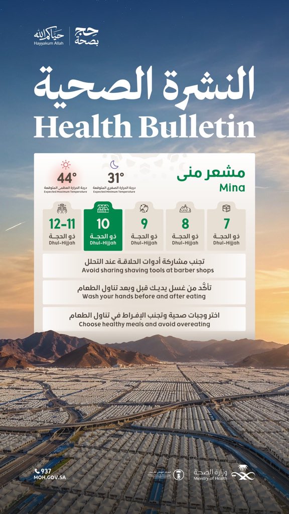 Preventive_SB's tweet photo. 🕋 | الإلتزام بالإرشادات الوقائية ، يعني الحفاظ على صحتك وصحة الآخرين ، وإتمام الشعائر بسهولة ويُسر . 

#الطب_الوقائي
#عرفة #منى #مزدلفة
#وزارة_الصحة
#حج_بصحة #وقاية
#حج_1447هـ 
#حج_١٤٤٧هـ 
#حياكم_الله https://t.co/COKyZGZzZf