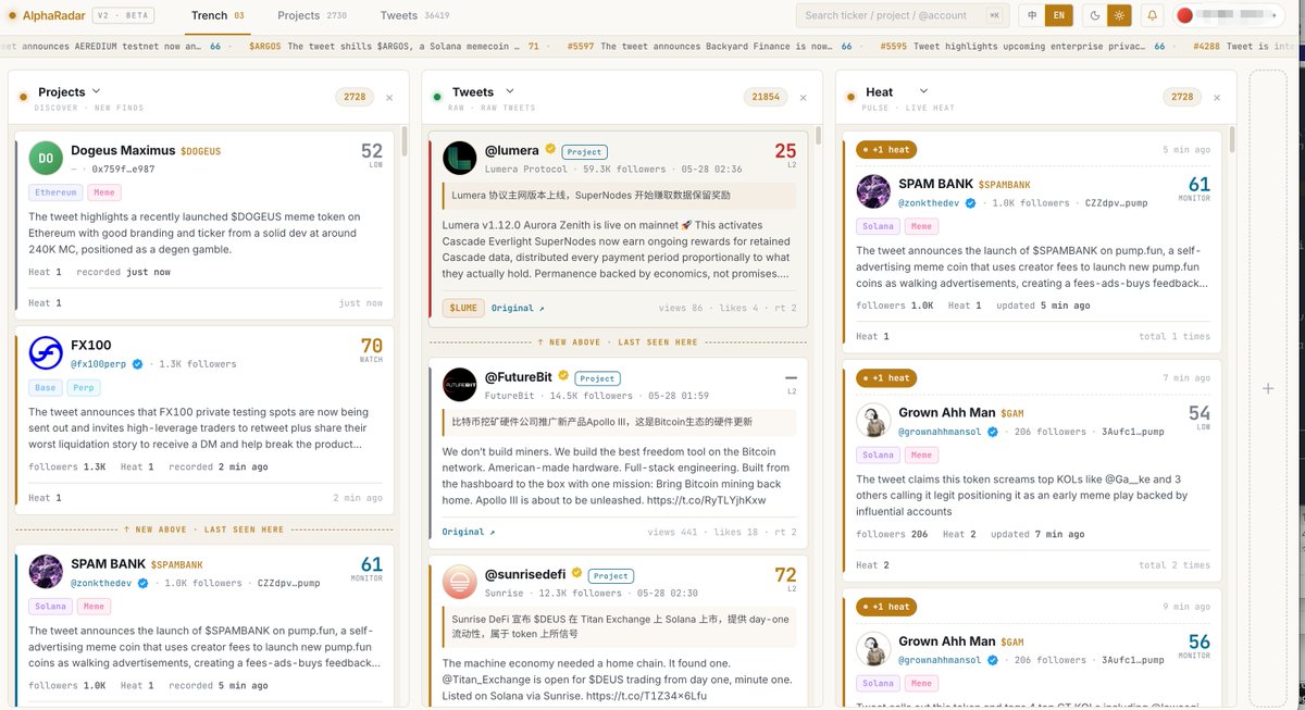 AlphaRadar_io's tweet photo. 🟡 AlphaRadar V2.2 Beta is live.

Track new tokens, hot narratives, and market-moving CT tweets in real time — all AI-scored the moment they trend.

Members, your wallet is your key.
Log in at https://t.co/ySdsOG9qHJ 👇 https://t.co/RjpeDIlsM5
