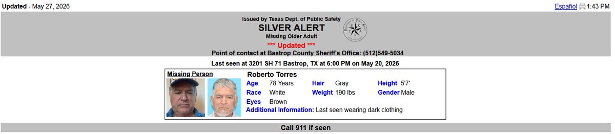 TX_Alerts's tweet photo. ACTIVE SILVER ALERT for Roberto Torres from Bastrop, TX, on 5/20/2026. https://t.co/1AyD668igy