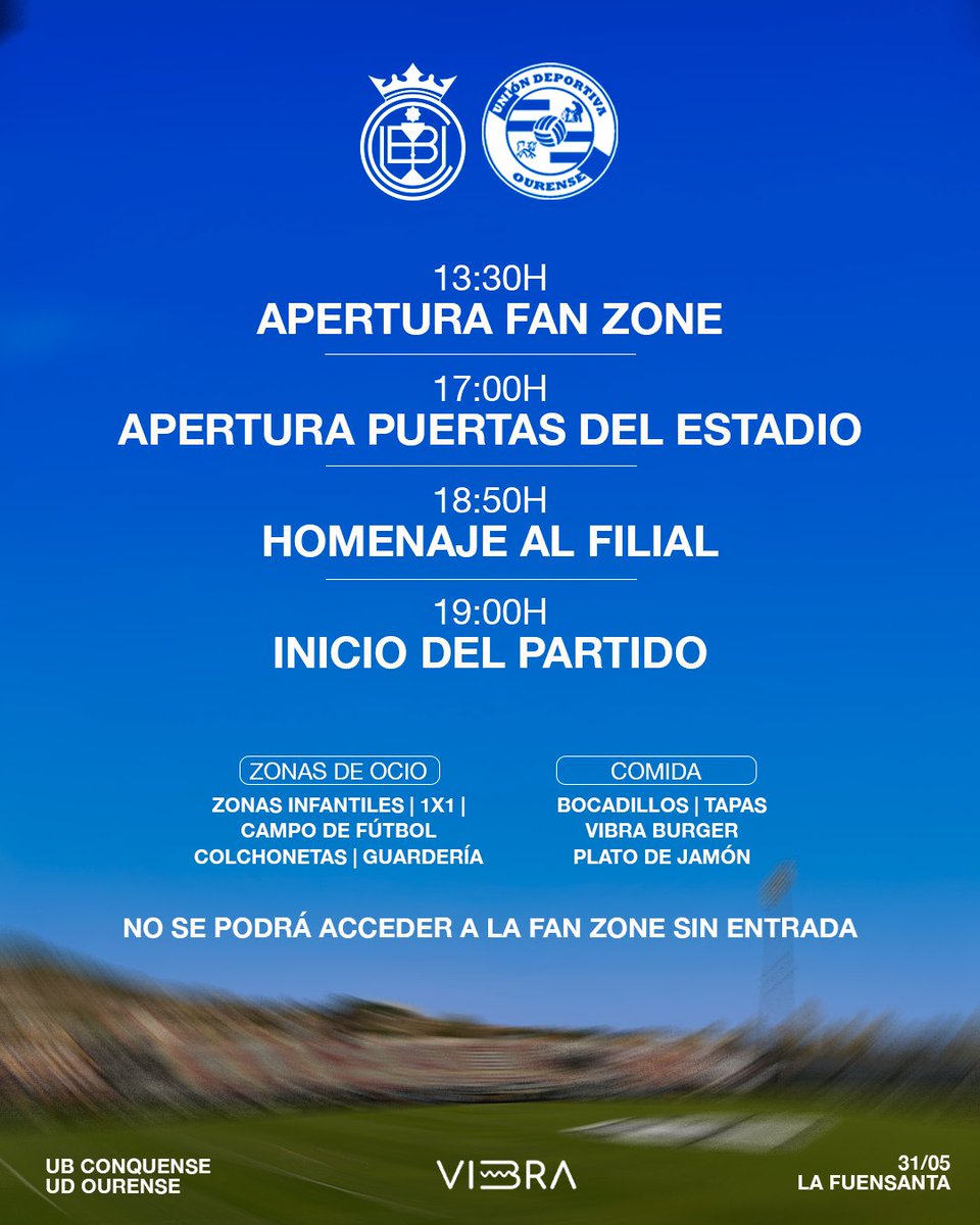 UBConquense's tweet photo. El domingo, La Fuensanta será una 𝐟𝐢𝐞𝐬𝐭𝐚 del fútbol 🎉

Apunta los horarios y disfruta de nuestra Fan-Zone en nuestro estadio desde las 13:30 horas con DJ, comida y todo tipo de zonas de ocio para mayores y los más pequeños.

#VolverACreer #TuGenteTuClub https://t.co/Qm0hhBjIH7
