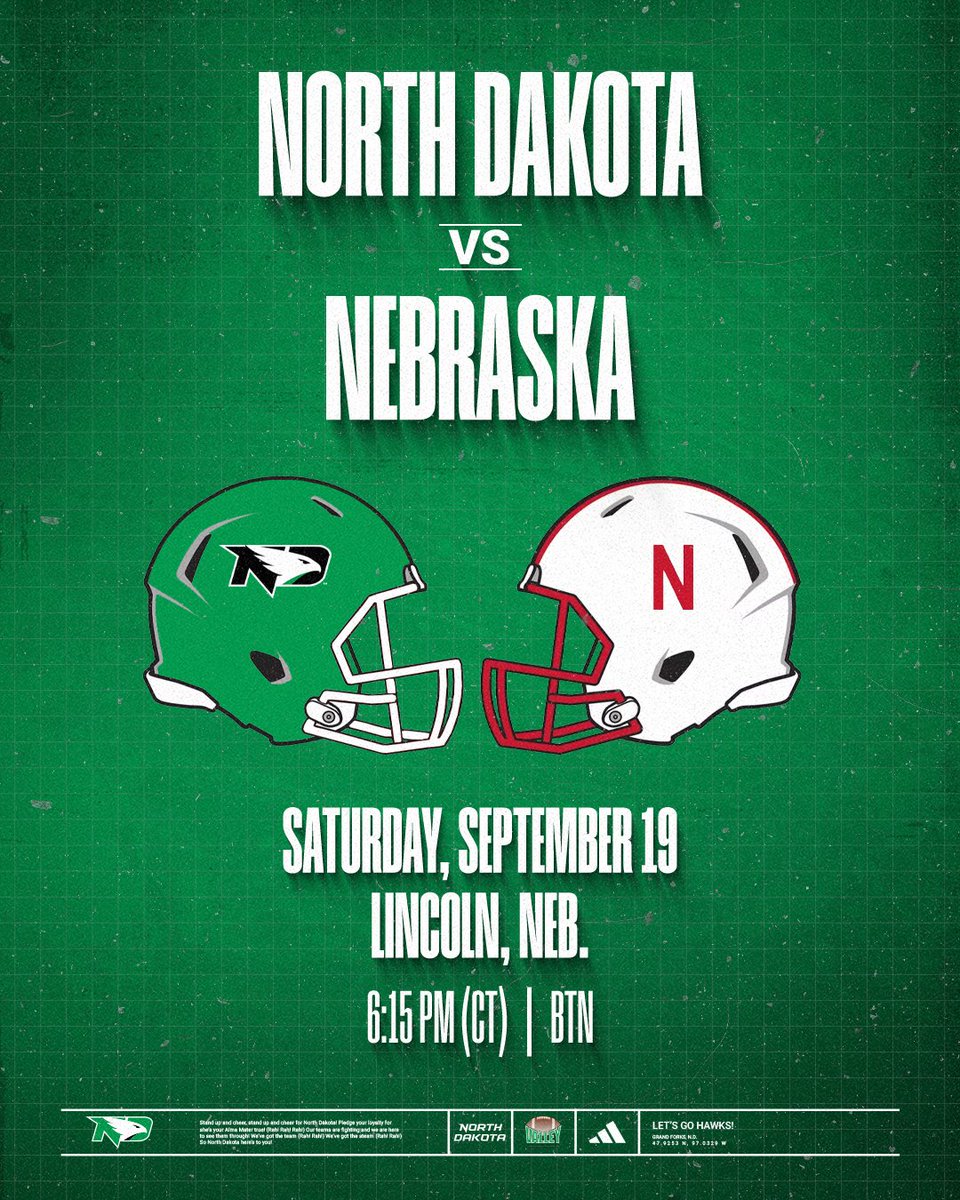 UNDfootball's tweet photo. Under the lights in Lincoln! 

🆚 -> Nebraska
📅 -> Sept. 19
⏰ -> 6:15 PM (CT)
📺 -> Big Ten Network

#UNDproud | #LGH https://t.co/3gv5nH2IM1