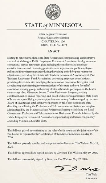LELSMN's tweet photo. LELS proudly attended today’s signing of the 2026 Pension Omnibus Bill at the Minnesota Capitol. Historic wins include a reduced COLA waiting period for police/fire and a new pension plan for 911 Telecommunicators &amp; Probation Agents — the first new MSRS/PERA plan since 1999. https://t.co/3c5MXnvAor