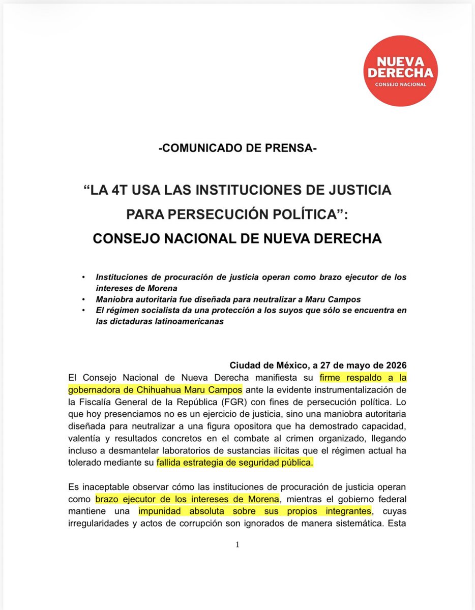 raultortolero1's tweet photo. -𝐂𝐎𝐌𝐔𝐍𝐈𝐂𝐀𝐃𝐎 𝐃𝐄 𝐏𝐑𝐄𝐍𝐒𝐀-

“𝐋𝐀 𝟒𝐓 𝐔𝐒𝐀 𝐋𝐀𝐒 𝐈𝐍𝐒𝐓𝐈𝐓𝐔𝐂𝐈𝐎𝐍𝐄𝐒 𝐃𝐄 𝐉𝐔𝐒𝐓𝐈𝐂𝐈𝐀 𝐏𝐀𝐑𝐀 𝐏𝐄𝐑𝐒𝐄𝐂𝐔𝐂𝐈Ó𝐍 𝐏𝐎𝐋Í𝐓𝐈𝐂𝐀”: 𝐂𝐎𝐍𝐒𝐄𝐉𝐎 𝐍𝐀𝐂𝐈𝐎𝐍𝐀𝐋 𝐃𝐄 𝐍𝐔𝐄𝐕𝐀 𝐃𝐄𝐑𝐄����𝐇𝐀

• Instituciones de procuración de justicia operan como brazo ejecutor de los intereses de Morena • Maniobra autoritaria fue diseñada para neutralizar a Maru Campos • El régimen socialista da una protección a los suyos que sólo se encuentra en las dictaduras latinoamericanas

𝐂𝐢𝐮𝐝𝐚𝐝 𝐝𝐞 𝐌é𝐱𝐢𝐜𝐨, 𝐚 𝟐𝟕 𝐝𝐞 𝐦𝐚𝐲𝐨 𝐝𝐞 𝟐𝟎𝟐𝟔
El Consejo Nacional de Nueva Derecha manifiesta su firme respaldo a la gobernadora de Chihuahua Maru Campos ante la evidente instrumentalización de la Fiscalía General de la República (FGR) con fines de persecución política. Lo que hoy presenciamos no es un ejercicio de justicia, sino una maniobra autoritaria diseñada para neutralizar a una figura opositora que ha demostrado capacidad, valentía y resultados concretos en el combate al crimen organizado, llegando incluso a desmantelar laboratorios de sustancias ilícitas que el régimen actual ha tolerado mediante su fallida estrategia de seguridad pública.
Es inaceptable observar cómo las instituciones de procuración de justicia operan como brazo ejecutor de los intereses de Morena, mientras el gobierno federal mantiene una impunidad absoluta sobre sus propios integrantes, cuyas irregularidades y actos de corrupción son ignorados de manera sistemática. Esta disparidad confirma la existencia de una justicia selectiva: mientras se fabrica un caso contra quienes defienden el Estado de Derecho, los aliados del oficialismo disfrutan de una protección que sólo se encuentra en las dictaduras latinoamericanas.
En otro frente, resulta irónico y profundamente hipócrita que el régimen pretenda utilizar la narrativa de la “intervención extranjera” para pretender proponer una reforma para anular procesos democráticos que no les favorecen. Si el criterio de intervención es la vara con la que se pretende medir, es imperativo que las autoridades investiguen de forma inmediata y exhaustiva el apoyo que Morena podría haber recibido por parte de regímenes extranjeros hostiles como China, Rusia, Irán, Cuba, y Venezuela. Antes de perseguir opositores, el Estado debe rendir cuentas sobre la soberanía comprometida ante los enemigos de la libertad.
Desde el Consejo Nacional de Nueva Derecha, reafirmamos que el camino hacia la prosperidad y la seguridad sólo es posible a través del respeto estricto a los valores, la autonomía de las instituciones, la libertad y la propiedad privada. No permitiremos que la retórica del odio y el aparato estatal se conviertan en las herramientas para silenciar a la oposición.
𝐃𝐫. 𝐑𝐚ú𝐥 𝐓𝐨𝐫𝐭𝐨𝐥𝐞𝐫𝐨, 𝐏𝐫𝐞𝐬𝐢𝐝𝐞𝐧𝐭𝐞 𝐝𝐞𝐥 𝐂𝐨𝐧𝐬𝐞𝐣𝐨 𝐍𝐚𝐜𝐢𝐨𝐧𝐚𝐥 𝐝𝐞 𝐍𝐮𝐞𝐯𝐚 𝐃𝐞𝐫𝐞𝐜𝐡𝐚 𝐋𝐢𝐜. 𝐀𝐧𝐚 𝐌𝐚𝐫í𝐚 𝐋𝐮𝐧𝐚, 𝐂𝐨𝐨𝐫𝐝𝐢𝐧𝐚𝐜𝐢ó𝐧 𝐄𝐬𝐭𝐚𝐝𝐨𝐬 𝐃𝐫. 𝐂𝐡𝐫𝐢𝐬 𝐓𝐨𝐥𝐞��𝐨, 𝐉𝐞𝐟𝐞 𝐂𝐨𝐦𝐮𝐧𝐢𝐜𝐚𝐜𝐢ó𝐧 𝐌𝐭𝐫𝐨. 𝐀𝐥𝐞𝐣𝐚𝐧𝐝𝐫𝐨 𝐅𝐥𝐨𝐫𝐞𝐬, 𝐉𝐞𝐟𝐞 𝐂𝐨𝐦𝐢𝐬𝐢ó𝐧 𝐝𝐞 𝐄𝐝𝐮𝐜𝐚𝐜𝐢ó𝐧 𝐋𝐢𝐜. 𝐕í𝐜𝐭𝐨𝐫 𝐂𝐚𝐛𝐫𝐞𝐫𝐚, 𝐉𝐞𝐟𝐞 𝐝𝐞 𝐥𝐚 𝐂𝐨𝐦𝐢𝐬𝐢ó𝐧 𝐕𝐢𝐧𝐜𝐮𝐥𝐚𝐜𝐢ó𝐧 𝐒𝐨𝐜𝐢𝐚𝐥 𝐋𝐢𝐜. 𝐓𝐡𝐨𝐧𝐲 𝐄𝐬𝐩í𝐧, 𝐉𝐞𝐟𝐞 𝐂𝐨𝐦𝐢𝐬𝐢ó𝐧 𝐕𝐚𝐥𝐨𝐫𝐞𝐬 𝐂𝐫𝐢𝐬𝐭𝐢𝐚𝐧𝐨𝐬 𝐋𝐢𝐜. 𝐃𝐚𝐧𝐢𝐞𝐥 𝐄𝐜𝐡𝐞𝐯𝐞𝐫𝐫í𝐚, 𝐉𝐞𝐟𝐞 𝐂𝐨𝐦𝐢𝐬𝐢ó𝐧 𝐄𝐜𝐨𝐧𝐨𝐦í𝐚 𝐲 𝐏𝐫𝐨𝐩𝐢𝐞𝐝𝐚𝐝 𝐏𝐫𝐢𝐯𝐚𝐝𝐚 𝐌𝐭𝐫𝐨. 𝐑𝐢𝐜𝐚𝐫𝐝𝐨 𝐎𝐥𝐢𝐯𝐚𝐫𝐞𝐬, 𝐉𝐞𝐟𝐞 𝐂𝐨𝐦𝐢𝐬𝐢ó𝐧 𝐋𝐞𝐲 𝐲 𝐉𝐮𝐬𝐭𝐢𝐜𝐢𝐚

----
@RicardoBSalinas
@lucianopascoe 
@Excelsior
@DerechaDiarioMX
@gaceta_es
@DesdeLaFeMx
@proceso
@adn40
@El_Universal_Mx
@diario24horas
@AtypicalTeve
@revistaetcetera
@Reforma
@Milenio
@PanAmPost_es
@ReutersLatam
@AP
@eleconomista
@CodigoMagentaMx
@LPOmx 
@realDonaldTrump
@beltrandelrio
@RicardoAlemanMx
@LuisCardenasMx
@IglesiaMexico
@IrvingPineda
@JoseCardenas1
@LillyTellez
@RealArturoH
@qz_emi
@SecRubio
@DeputySecState
@JorgeRoHe
@MaruCampos_G 
@AccionNacional