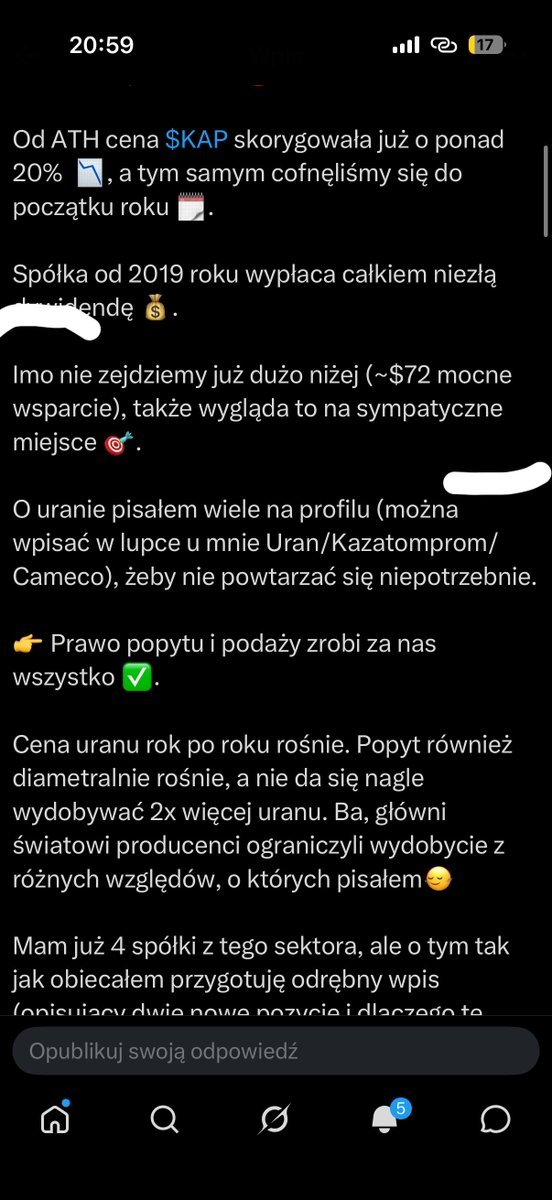 Czubakovic's tweet photo. Mocne odbicie ✅ - #Uran ☢️.
Kazachstańska spółka #Kazatomprom czyli największy globalny wydobywca rośnie dziś +6% 🟢.
Ponad 2 tygodnie temu pisałem, że nie powinniśmy spaść dużo poniżej ~72$.
(pamiętajcie, że to nie apteka 🏥).
Aktualnie $KAP - $74.20 ✅.
Wojna skończy się definitywnie, i dojdzie do swobodnego przepływu kwasu siarkowego, bądź jego substratów, to obstawiam jeszcze ładniejsze odbicie 🎯📊.
#XTB #SMR #FinX #FinTwit