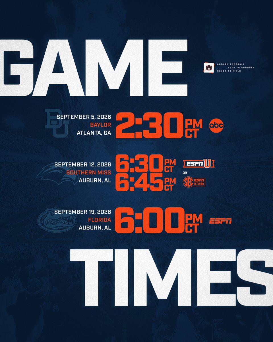 AuburnFootball's tweet photo. The countdown is on ⏳🦅
First 3️⃣ kickoff times are set!

🗞️: https://t.co/Pd2jjKUTSg https://t.co/rmtbDBeKb7
