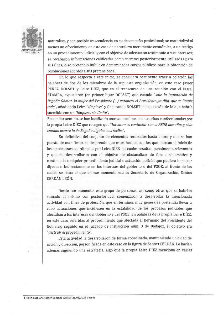 vloonk's tweet photo. «Cuando sale la imputación de Begoña Gómez, el presidente ya dijo que se limpie todo».

«El presidente del Gobierno está refiriéndose a todo lo que estamos haciendo».

Estas dos frases, que aparecen en el auto del magistrado de la Audiencia Nacional, Santiago Pedraz, y que son de algunos de los investigados en la causa, constituyen más indicios que permiten dar a entender que Pedro Sánchez era el presunto «número uno» de la organización criminal.