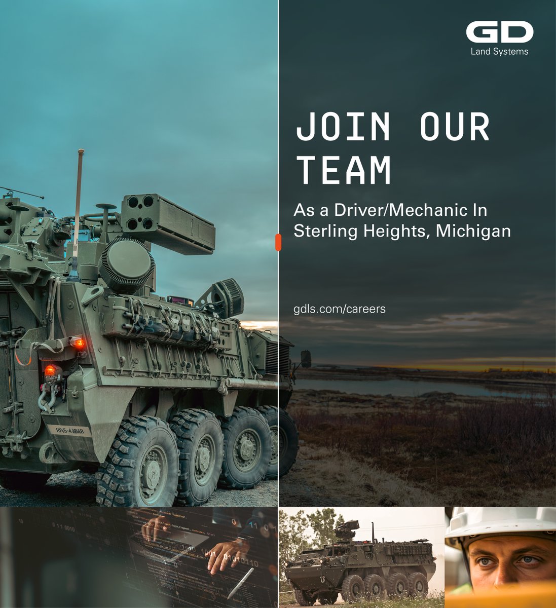 GD_LandSystems's tweet photo. Ready to take the next step in your career? We are hiring Driver/Mechanics in Sterling Heights, Michigan!📍 

Apply today:
https://t.co/RbZ1bGAGNk

#GDLSCareers #ThePowerToWin https://t.co/B30znyTnNj