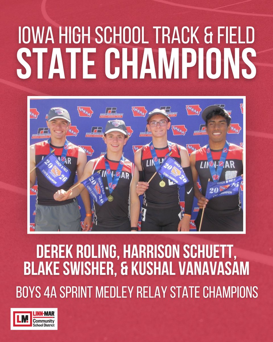 LinnMarCSD's tweet photo. Derek Roling, Harrison Schuett, Blake Swisher and Kushal Vanavasam claimed the state title in the boys 4A 800 sprint medley relay while breaking the school record with a time of 1:30.51! Congratulations to our Linn‑Mar State Champions! #WeAreLinnMar https://t.co/HUyKZFiFhE
