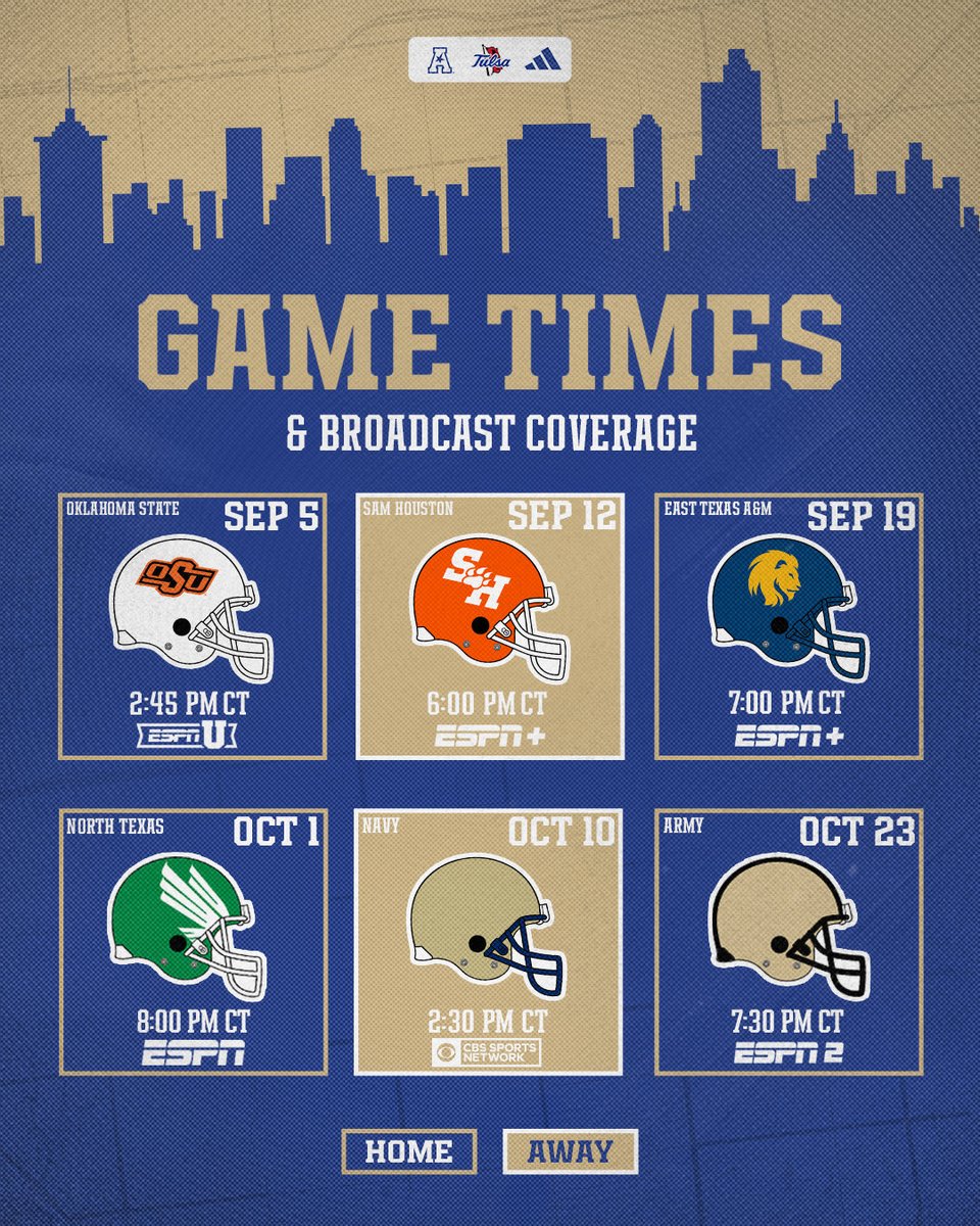 TulsaFootball's tweet photo. The stage is set. 🌀
Game times &amp; broadcast details are locked for six of our games. 

https://t.co/SwIGfXv9bQ https://t.co/aFvjn4zzWL