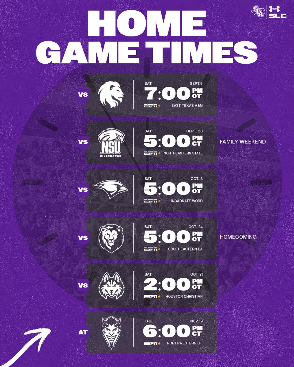 SFA_Football's tweet photo. Home game times set ✔️

🎟️: https://t.co/tKtQsyBzwJ 

#AxeEm x #EastTexasTough https://t.co/mRS5PSZ12R