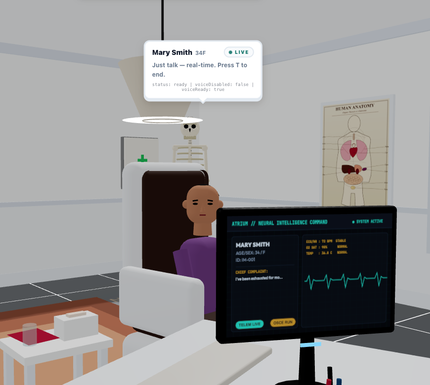 manav170303's tweet photo. MVP checkpoint complete for "Atrium" 🚀

• realtime AI patient conversations
• 3D consultation environment
• diagnostic workflows
• attending-style debriefs
• OpenAI realtime voice pipeline
Still optimizing. 

#OpenAIHackathon https://t.co/a7ptjKEmuP