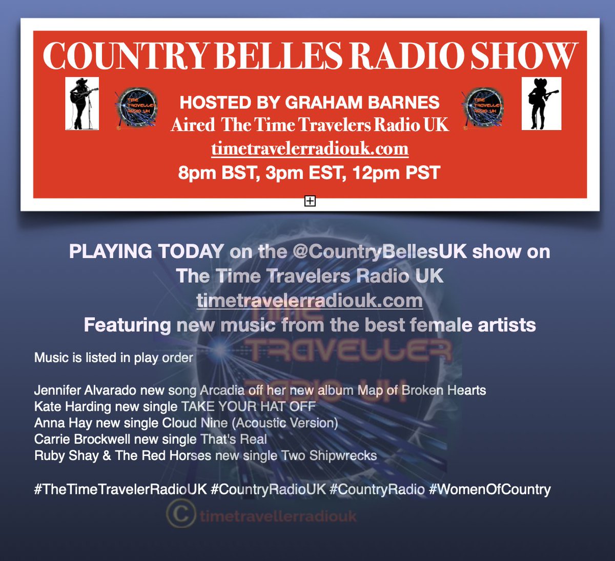 ScottKash88's tweet photo. NOW PLAYING on the @CountryBellesUK show on Time Traveler Radio UK
https://t.co/ZzWiNUhvWv
Featuring new music from the best female artists

@guitardiva12
#KateHarding
#AnnaHay
@cbrockwellmusic
#RubyShay/#TheRedHorses

#CountryRadioUK #CountryRadio #WomenOfCountry https://t.co/HqjNfixS6B