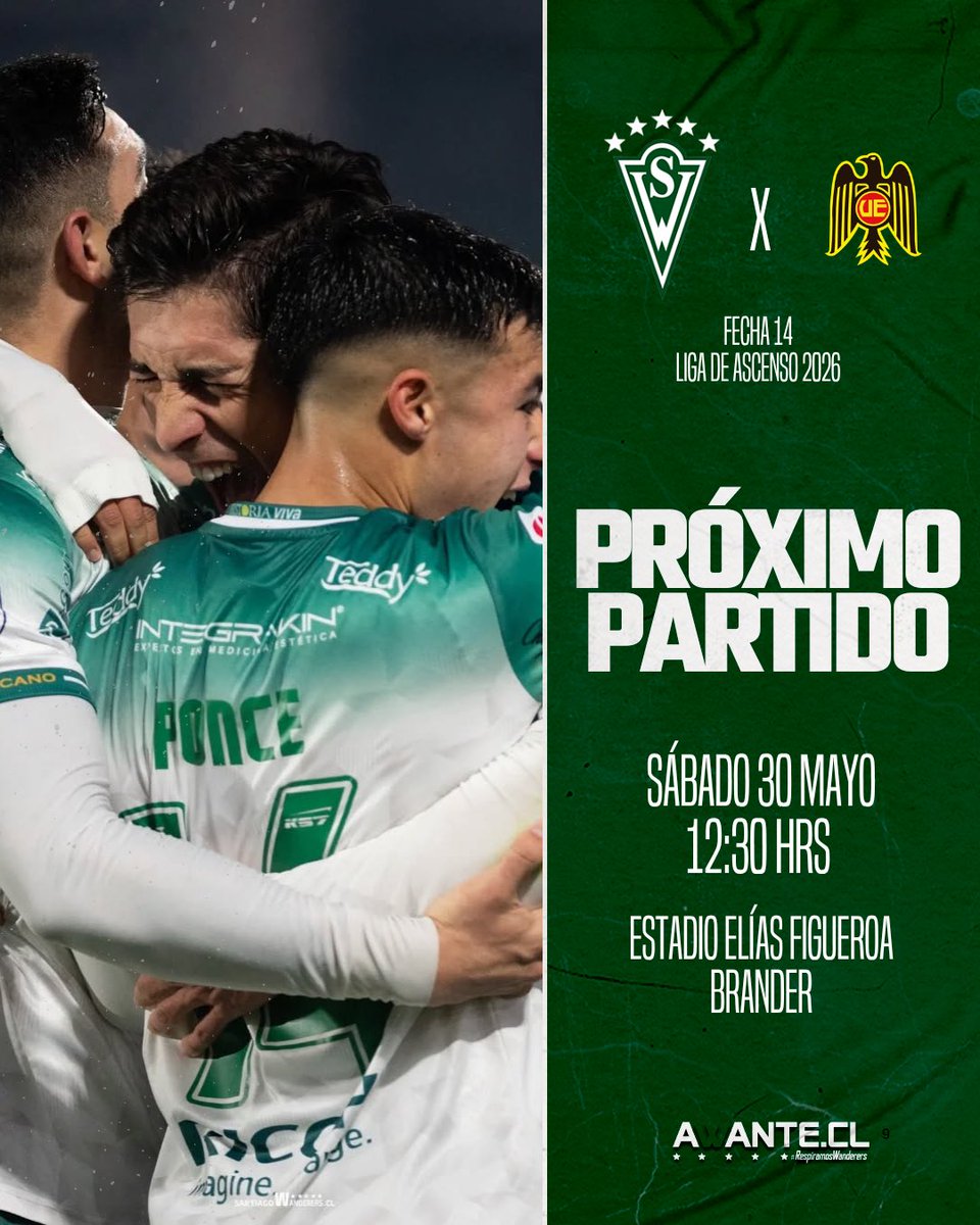 AwanteCL's tweet photo. ¡Próximo partido!🇳🇬

⚽️ Fecha 14/ Liga de Ascenso 2026.
🆚 Unión Española.
🗓️ Sábado 30 de mayo.
🕒 12:30 horas.
🏟️ Estadio Elías Figueroa Brander. 

#VamosWanderers 🇳🇬 https://t.co/e7JRVXBeM5