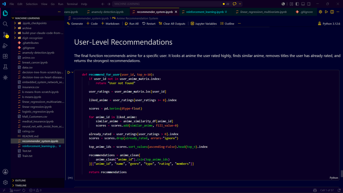 VineshKori's tweet photo. Just finished building a Recommendation System from scratch using an anime dataset, implemented and experimented with:
Popularity-based recommendations
Content-based filtering
Collaborative-filtering.
#machinelearning #python #recommendersystems #datascience #ai #learningbydoing https://t.co/gxiJfSLhmF