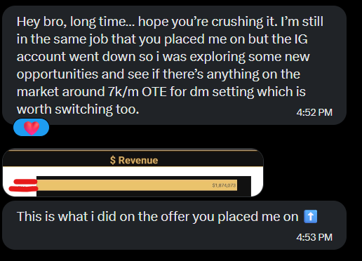 cuskohl's tweet photo. I'm not even a recruiter I just will happily refer someone who's good to a good role if one comes across my desk. 

I always like getting messages like this! He generated 1.8 Million in sales for that business.

If anyone is looking for an awesome DM setter, please reach out. https://t.co/6VTd3lk2GS