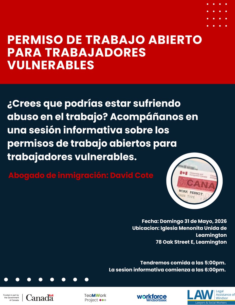 TeamworkMWSP's tweet photo. Legal Assistance of Windsor (@LAW_Windsor) organiza próximamente una sesión informativa pública sobre los permisos de trabajo abiertos para trabajadores vulnerables.
🗓️Domingo, 31 de mayo
⏰La cena se servirá a las 17:00 | La sesión informativa comenzará a las 18:00
📍Iglesia Menonita Unida de Leamington (78 Oak St East, Leamington, ON)
💼 Ponente destacado: David Cote, abogado especializado en inmigración
Todos están invitados a asistir, compartir una comida y escuchar a un experto legal de confianza.