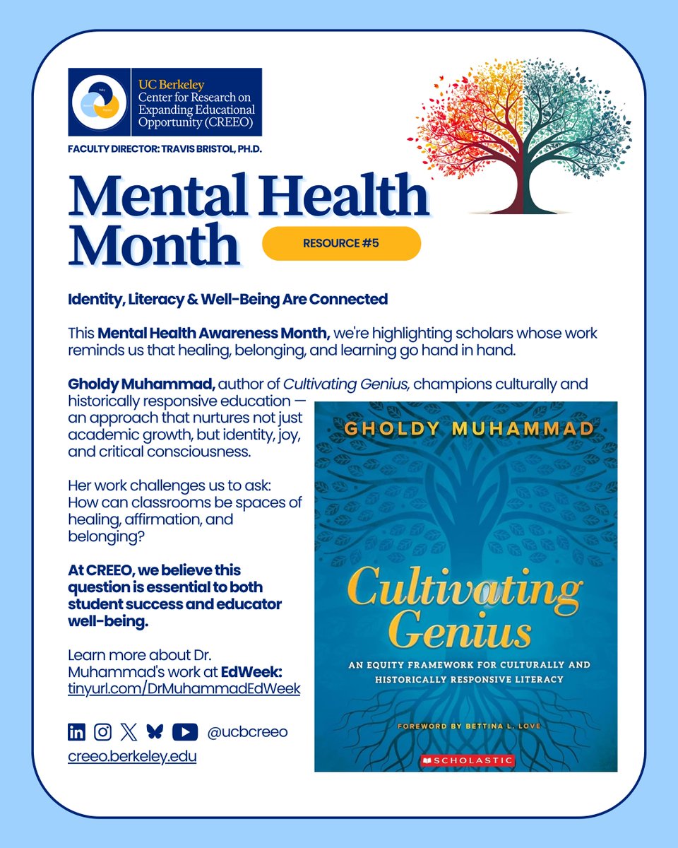 ucbcreeo's tweet photo. This #MentalHealthAwarenessMonth, we’re uplifting Gholdy Muhammad.

Her work on culturally responsive teaching centers identity, joy, and belonging—key to both student &amp; educator well-being.

Learn more about Dr. Muhammad: https://t.co/Czio1vyA8R

#CREEO #HistoricallyResilient https://t.co/Mlj5XoWBjw