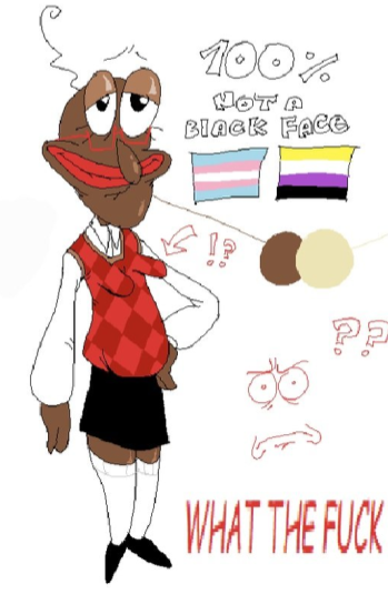 castorencavale's tweet photo. design in question being made fun of have their features are drawn accurately and you can clearly tell it doesn't come from a place of hatred. 

on another hand their mockery of it looks like nothing but blackface, OP is white and had no reason to draw this https://t.co/9H79FgFDiJ