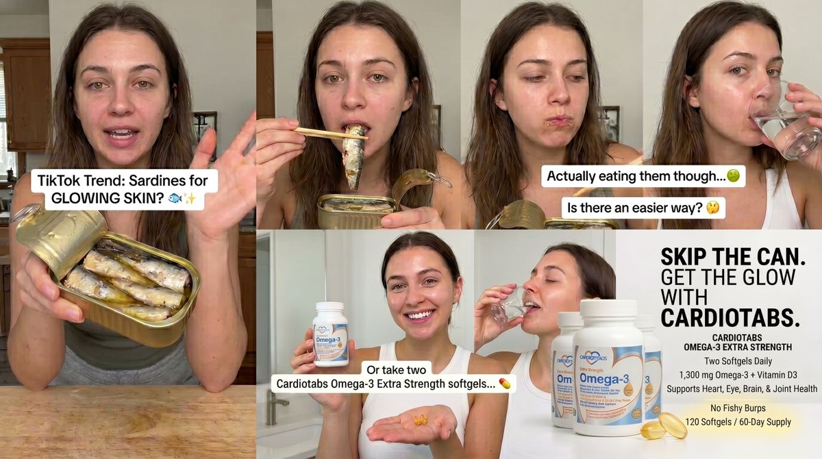 Cardiotabs's tweet photo. Apparently, sardines are the latest TikTok “glowing skin” trend… 👀🐟✨

But actually eating them every day? We’ll pass. 😅

Skip the can and get your omega-3s the easy way with Cardiotabs Omega-3 Extra Strength. Just two softgels daily. No oily tins. No fishy mess. No fuss. https://t.co/koRiNFmbfR