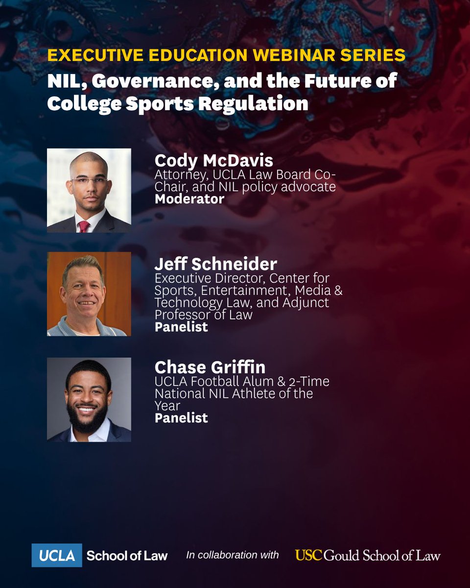 ChaseQB11's tweet photo. It is no secret that I believe NIL is the best thing to happen to college athletes. And now policymakers want in.

Tomorrow 12pm PT, I'm joining @UCLALaw + @USCGouldLaw to launch Rivals United, a free webinar series on the future of sports & entertainment.

Moderated by: UCLA Law alum and Chair Cody J. McDavis and Panel w/ Jeff Schneider @USC Center for Sports, Entertainment, Media & Technology Law 

Registration is Free: https://t.co/VH0Vf3x79y