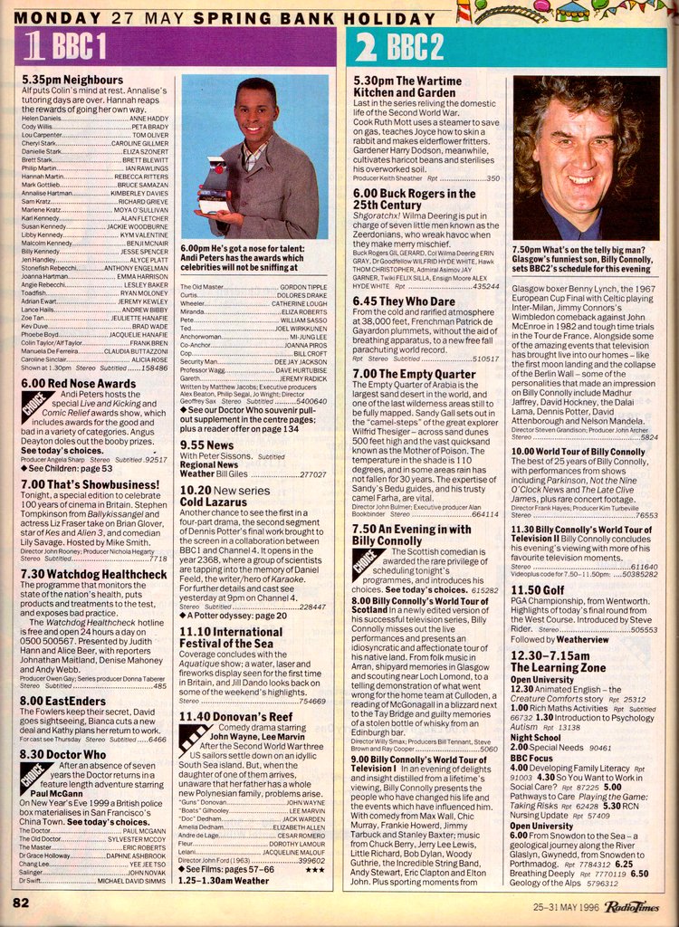 woodg31's tweet photo. TV📺27/5/96 BBC1 
1.50:Film - King Kong 4.0:International Festival of the Sea 4.30:Disney Time 5.15:News 5.35:Neighbours6.0:Red Nose Awards 7.0:That's Showbusiness 7.30:Watchdog Healthcheck 8.0:EastEnders 8.30:Doctor Who 9.55:News 10.20:Cold Lazarus https://t.co/IS5WXeAOLV