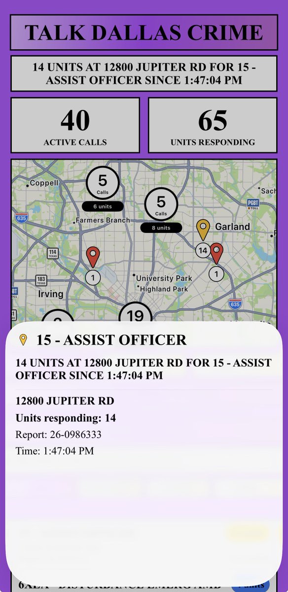 DallasCrimeApp's tweet photo. 14 UNITS AT 12800 JUPITER RD FOR 15 - ASSIST OFFICER SINCE 1:47:04 PM
#dallas 

https://t.co/ltAdhWAqao https://t.co/0tud7FJxMr