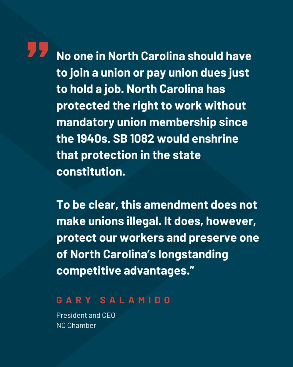 NCChamber's tweet photo. Today, NC Chamber President and CEO @GSalamido issued a statement regarding Senate Bill 1082, an act to amend the Constitution of North Carolina to ensure the right to work for all North Carolinians. 

Read More > https://t.co/evA4jqwYkH
#ncga #ncpol https://t.co/L5giXdPdc3