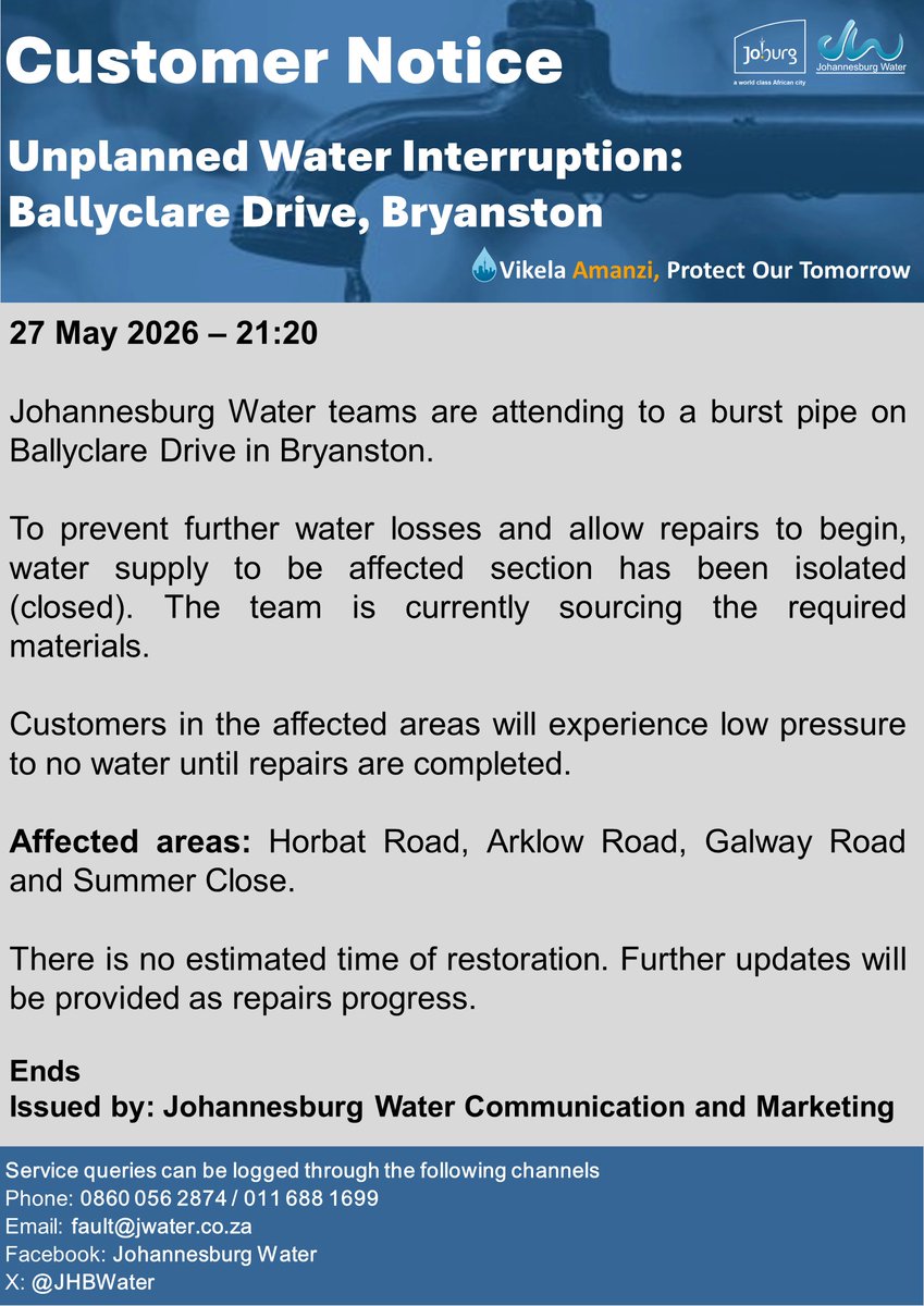 Official Johannesburg Water notice
