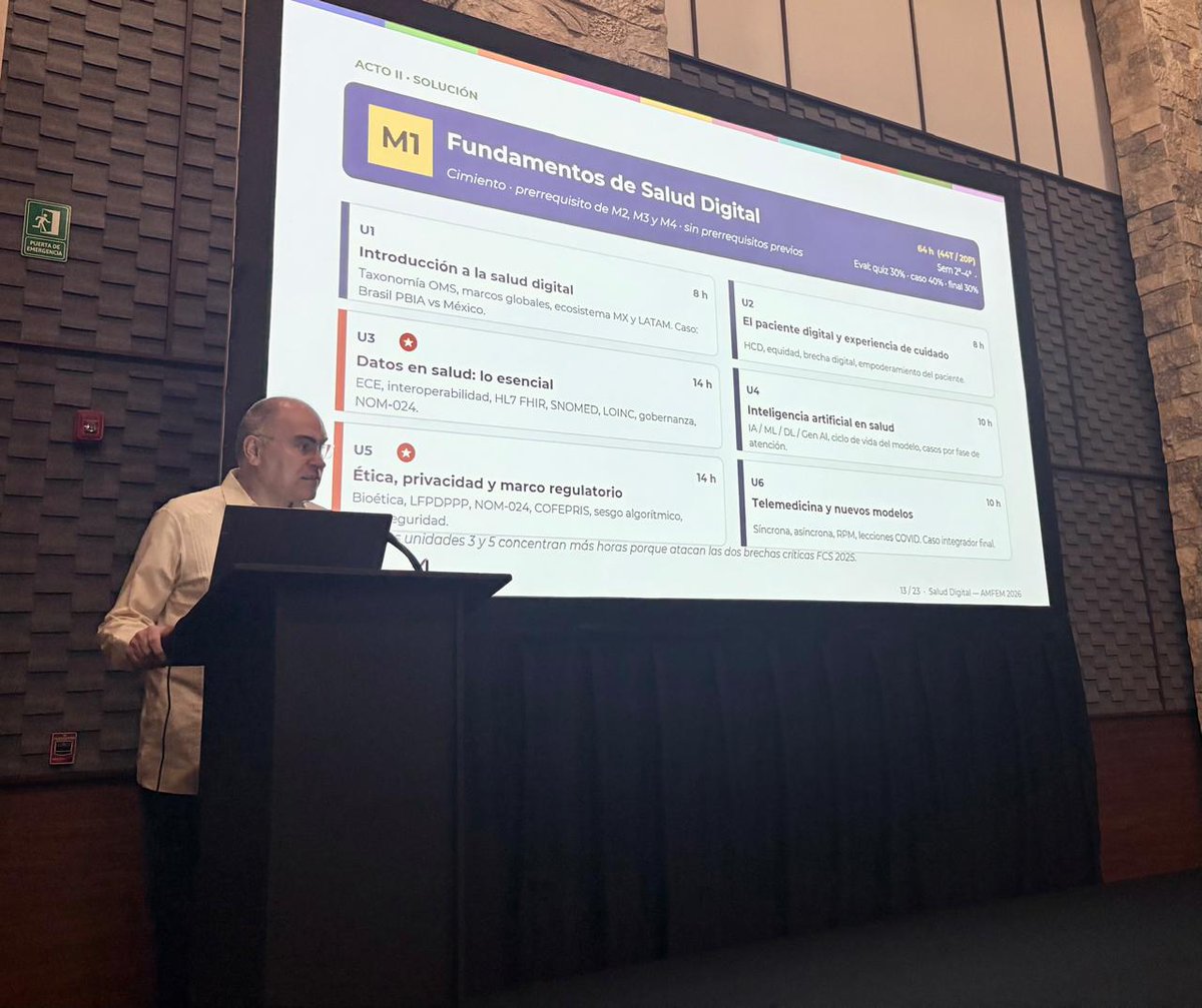 FUNSALUDMX's tweet photo. La Fundación Mexicana para la Salud, A.C (FUNSALUD) participó en el IX Congreso Internacional de Educación Médica de la Asociación Mexicana de Facultades y Escuelas de Medicina, A.C. (AMFEM) con la ponencia “Salud Digital en la Formación Médica: un programa de microcredenciales para México”, en colaboración con Transform Health México.

En dicha presentación, la Lic. Narly Lucero Camacho Bolaños, gerente de proyecto sénior de Transform Health en México, expuso los hallazgos más importantes de un estudio realizado en 2025 por la Fundación Carlos Slim que involucró a 79 universidades para medir los contenidos sobre salud digital en los planes de estudio de la licenciatura en medicina en el país.

El estudio concluye que en México sólo cinco de 79 universidades tienen una asignatura explícita de salud digital debido a brechas en plataformas digitales, medicina basada en evidencia digital, ciberseguridad y ética, gobernanza y estándares de datos.

Camacho Bolaños añadió que en el plano educativo también existen otras brechas como la generacional, reflejada en que los docentes rechazan la inteligencia artificial (IA) como herramienta para el ejercicio profesional, pese a que sus estudiantes la utilizan cotidianamente. Además, señaló la rigidez curricular como otro obstáculo, es decir, que los planes tradicionales no alcanzan el ritmo de la IA, por lo que se necesitan modelos más ágiles.

Frente a este contexto, el Dr. Santiago March Mifsut, director de Nuevas Tecnologías de FUNSALUD, explicó que el auge de las microcredenciales emerge como una solución viable, debido a que son unidades formativas cortas, evaluadas y con credencial digital portable verificable a nivel global, que ya son empleadas por instituciones como la OMS y las universidades de Harvard y Stanford.

Es por ello que el doctor March dio a conocer una propuesta elaborada conjuntamente con Transform Health de cuatro microcredenciales modulares para médicos en formación que, al completarse, dan como resultado la Certificación Profesional en Salud Digital. De esta forma se contribuirá a cerrar la brecha en salud digital en México. 👨‍⚕️🧑‍⚕️🩺🔬🧬

Encuentra más información en https://t.co/kV7pDjwaOP.
