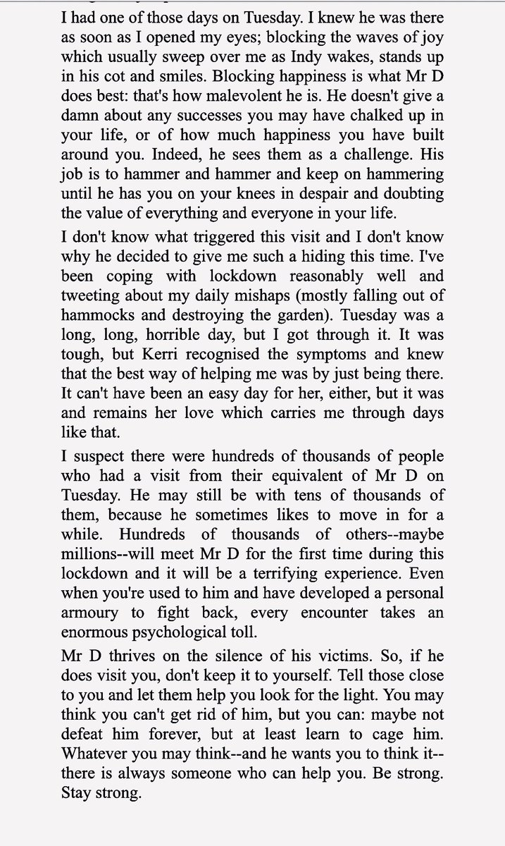 AlexKane221b's tweet photo. I wrote this piece for @irish_news just as lockdown was kicking in. Somebody mentioned it to me a few days ago at a group I was addressing and told me that it helped him. He also asked me to repost it. So here it is. I still have my regular battles with Mr D, but I’m still here. https://t.co/UF8sVqpo33