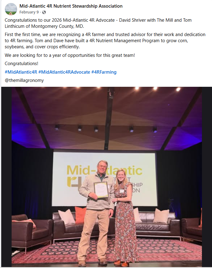 LiquidAgro's tweet photo. Congratulations to Tom Linthicum and David Shriver of The Mill on being named 2026 Mid-Atlantic 4R Advocates. Their practical 4R Nutrient Management work in the Chesapeake Bay watershed is well deserved. AgroLiquid is proud to support Tom’s fertility program. https://t.co/a9JTIOVCB5