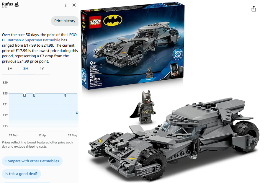 BricksDealsUK's tweet photo. ⬇️BEST AMAZON UK PRICE SEEN LEGO DC Batman v Superman Batmobile Car 76331 RRP £24.99 NOW £17.99 https://t.co/DpTQrsxn9p #ad https://t.co/laRAtAYaVZ
